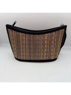 Baskets of Cambodia Woven Grass Straw Shoulder Bag Tan Black Striped Handbag